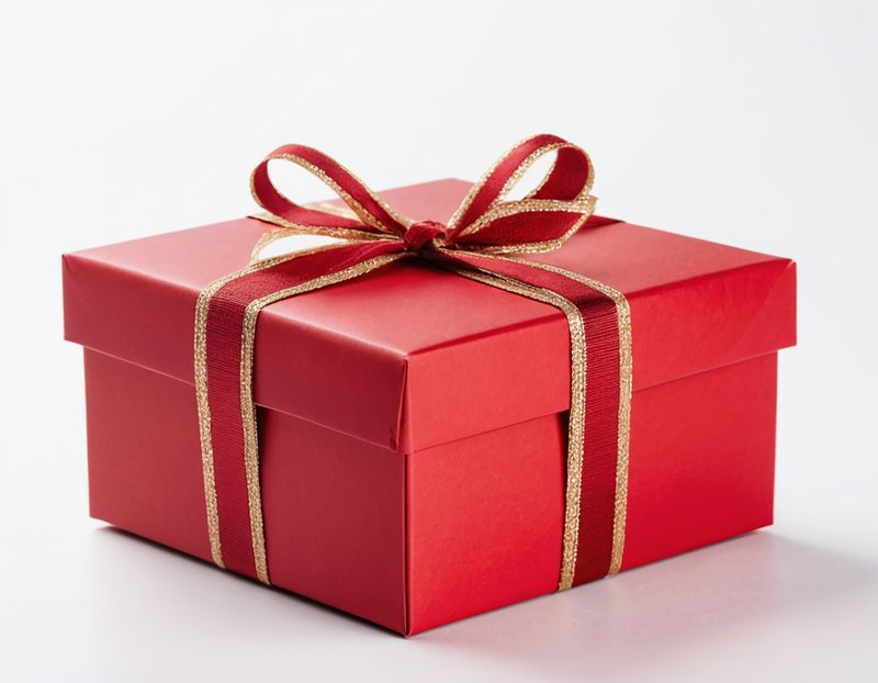 Kotak hadiah merah dengan pita emas melambangkan bonus selamat datang